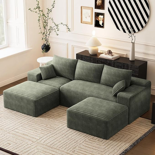 Modular Sectional Sofa Cloud Couch 108'' Comfy U Shaped Sectional Couches for Living Room Deep Seat Cozy Fluffy Corduroy Boneless Couch Sectionals Sofa with Movable Ottomanm Olive Green