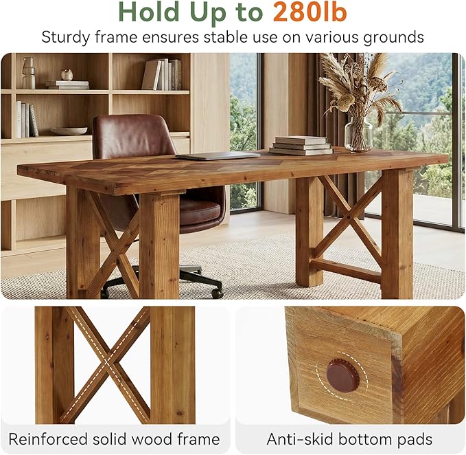 63-Inch Computer Desk Solid Wood Office Desk with Parquet Top and X-Shaped Legs Modern Executive Study Table for Home Office Large Legroom Brown