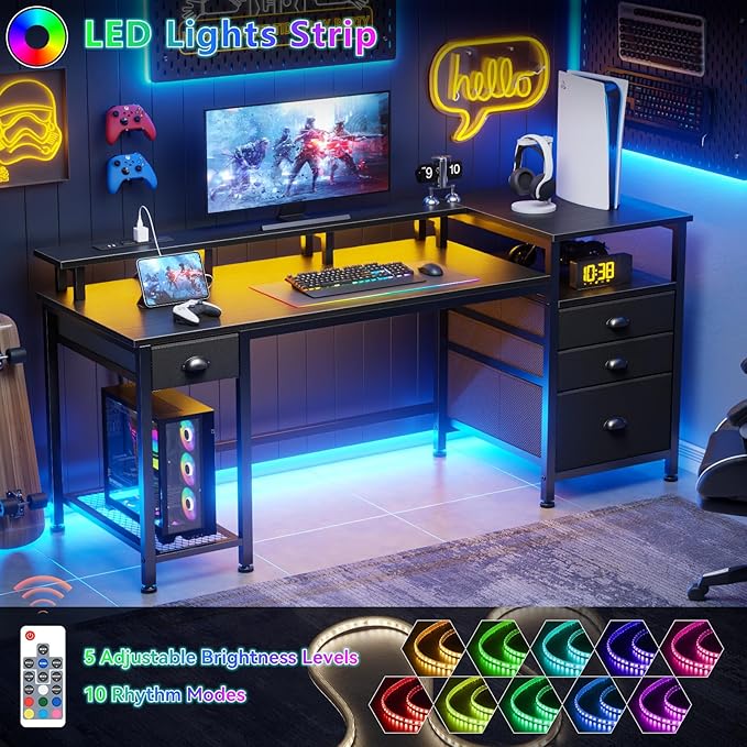 Furologee 60 Black Computer Desk with 4 Drawers and Printer Space Gaming Desk with LED Lights and USB Power Outlets Home Office Desk with Fabric File CabinetStudy Work Table with Shelf for Bedroom