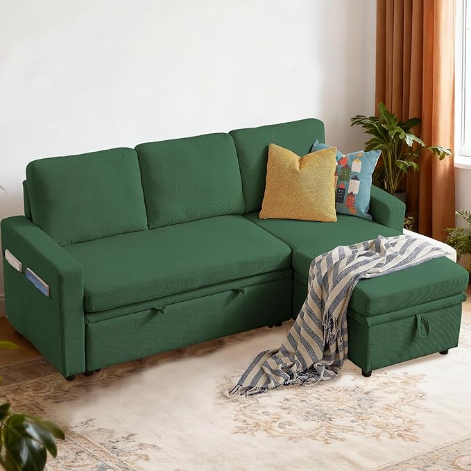Sectional Sofa Bed Convertible Sleeper Sofa with Storage Chaise L-Shape Modern Polyester 3 in 1 Pull Out Couch Bed for Living Room Green