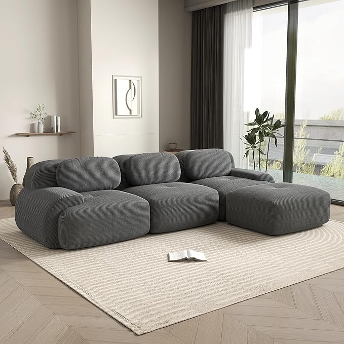 117.3 Inch L-Shaped Modular Sectional Sofa 3-Seater Cloud Couch with Deep Seat Boneless Couch with Pillows for Living Room Apartment Gray