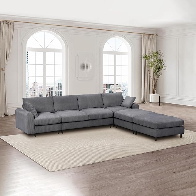 Yoglad 121.65'' U Shaped Modular Sectional Sofa Cozy Oversized Corduroy Couch with Dual-Sided Storage 6-Seater Sofa with Ottomans for Living Room Bedroom Apartment Office (Grey)