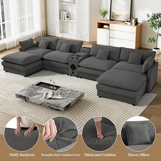 162.6 U Shaped Cloud Couch Modular Sectional Sofa Sectional Couches for Living Room Modern Oversized Velvet Cloud Sofa with Central ConsoleBluetooth SpeakerUSB Ports Grey