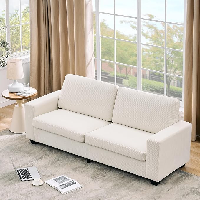 Modern Loveseat Sofa Couches for Living Room 83 Boneless Comfy Corduroy Sofa for Apartment Bedroom or Office Soft Upholstered Couch Compact Spaces Deep Seats Wood Frame Removable Cover White