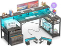 Aheaplus L Shaped Desk with File Drawer Reversible L Shaped Computer Desk Gaming Desk with Power Outlet &amp LED Strip Home Office Desk with Monitor Shelf Corner Desk with Storage Shelves Grey Oa