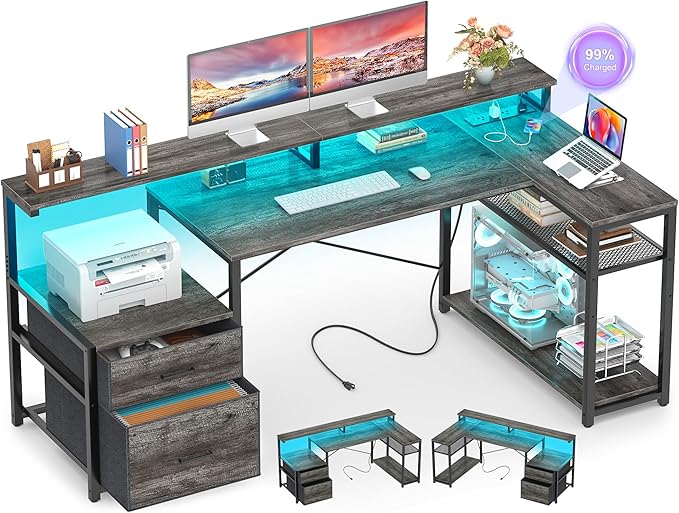 Aheaplus L Shaped Desk with File Drawer Reversible L Shaped Computer Desk Gaming Desk with Power Outlet &amp LED Strip Home Office Desk with Monitor Shelf Corner Desk with Storage Shelves Grey Oa