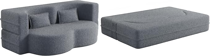 Modern Floor Sofa with 2 Pillows Convertible Teddy Fabric Foam-Filled Sleeper Sofa Bed 15 Full Size Folding Mattress for Living Room Guest Bed Playroom No Assembly Required Grey