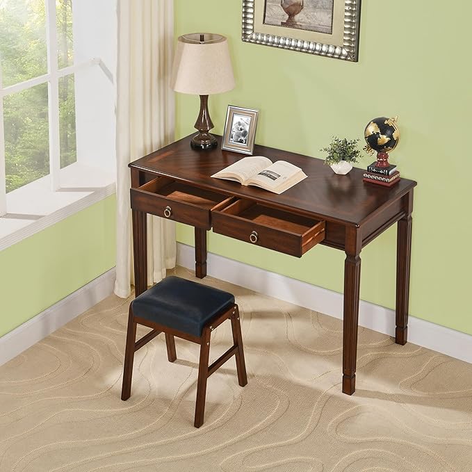 Vintage Wooden Writing Desk with 2 Drawers Solid Computer Desk Workstation 46in Wide Study Table for Home Office Small Secretary Table in Cherry Walnut BSZ-D1258