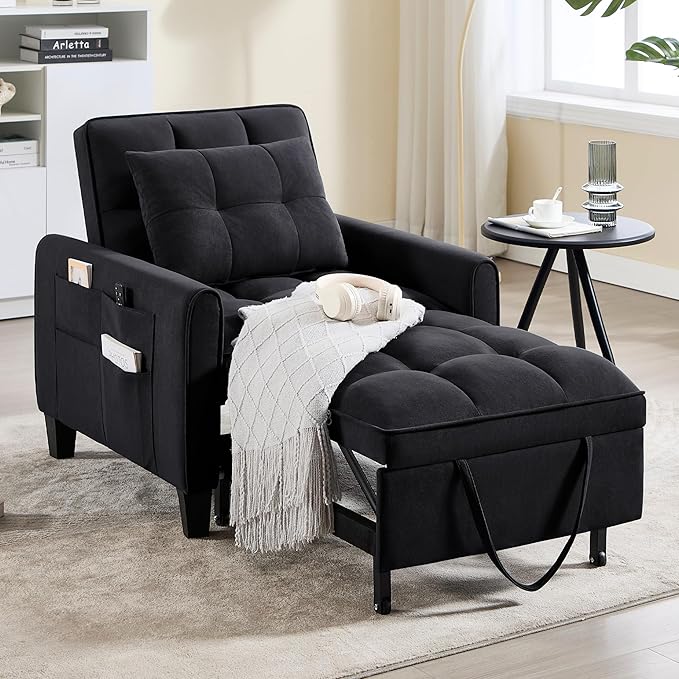 Modern Black Velvet 3 in 1 Sleeper Chair Bed Pull Out Sofa Bed Chair Adjustable Backrest 3 Reclining Positions Adult Size Indoor Use