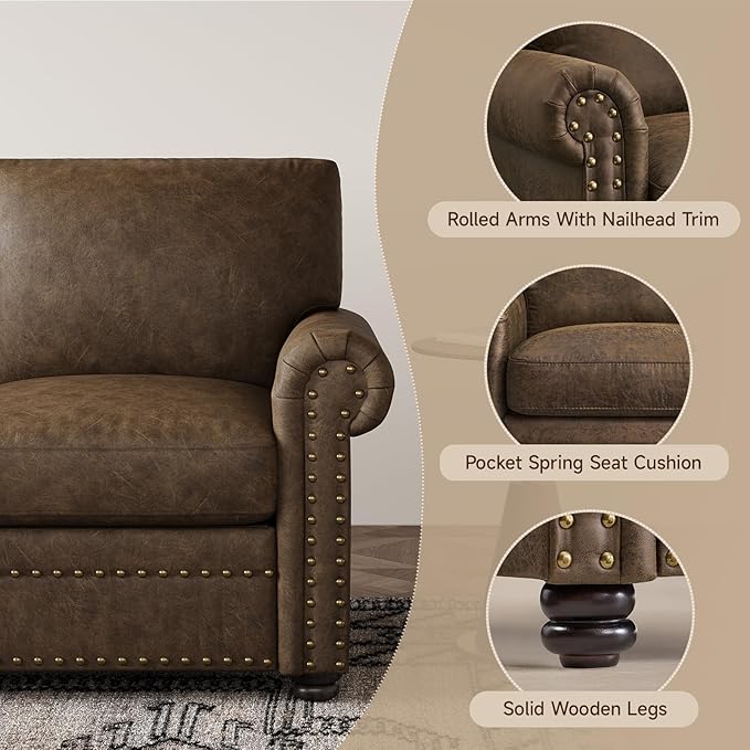 ONBRILL Faux Leather Sofa 84 Inches Nailhead Trim Couch for Living Room Mid-Century Modern Deep Seat Sofa with Rolled Arms Classic 3 Seater Couch for Apartment Office Brown