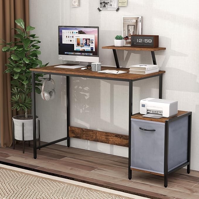 Giantex Computer Desk with Drawer and Power Outlet Home Office Desk with Reversible Storage Drawer &amp Raised Shelf Computer Workstation with Hook Industrial Study Writing Desk for Study Bedroom