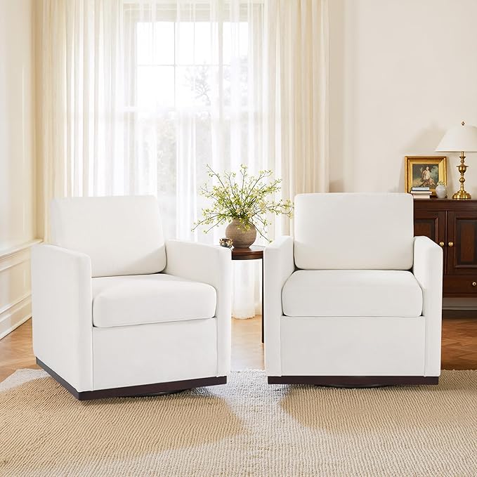 Swivel Accent Chair 360° Swivel Upholstered Club Armchairs for Living Room 31 Wide Square Single Sofa Reading Chair with Deep Seat Metal Swivel Base Chenille Fabric Beige