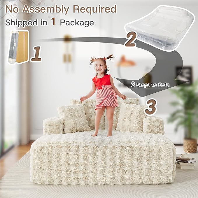 56 W Oversized Chaise Lounge Chair IndoorPlush Faux Fur Sleeper Couch Sofa Bed with PillowsFluffy Comfy Cloud SofaCompression Foam Boneless Couch for Living RoomBedroom(Bubble Beige)
