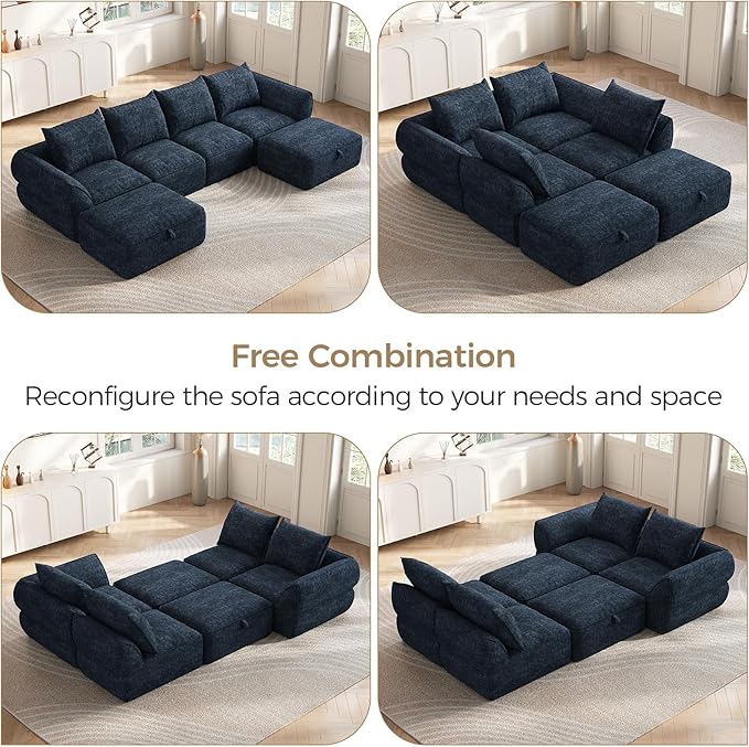 132 Modular Sectional Sofa with Deep Seat U-Shaped Cloud Couch for Living Room 4-Seater Boneless Sofa with 2 Ottomans Flexible Combination Modern Upholstery Sofa No Assembly Required Aqua Blue