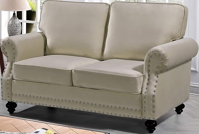 Lotus Mid Century Modern Velvet Upholstered Living Room Rolled Arms Loveseat Beige