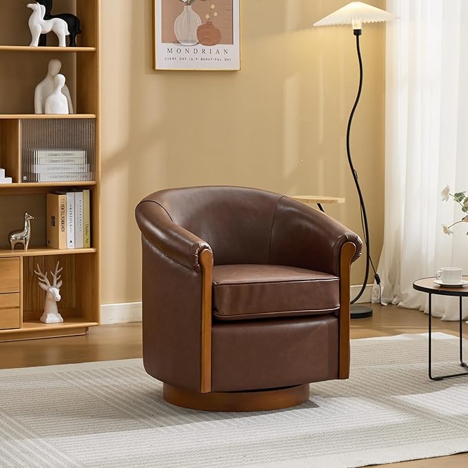 Genuine Leather Seat Swivel Barrel Chair Accent Chair with PVC Exterio &amp Wood Base - Upholstered Lounge Chair for Living Room Home Office Bedroom (Brown)