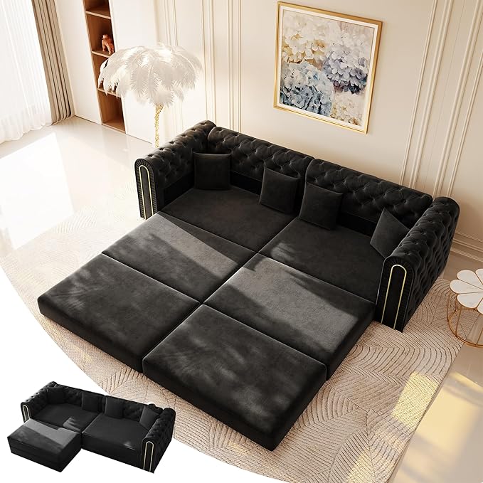 90.6'' Velvet Foldable Sofa Bed 3-in-1 Chesterfield L Shaped Sofa King Pull Out Floor Couch Gold Trim Armrests Extra Deep Couches with 4 Pillows for Living Room Apartment Gold Black