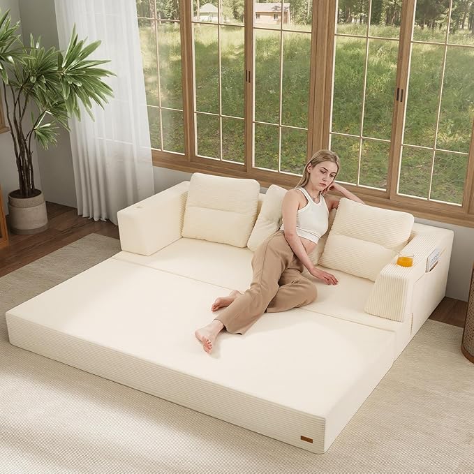 COMAX Futon Sofa Bed Queen 79 Convertible Sofa Bed Couches for Living Room 4 in 1 Folding Boneless Sleeper Corduroy Couch Loveseat Foam In a Box Comfy Foldable Lounge Fold Out Floor Mattress Beige