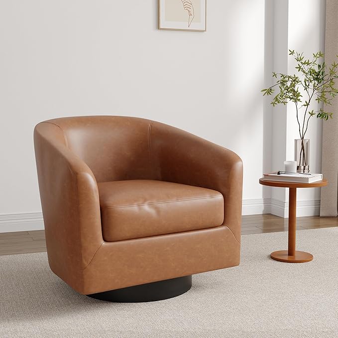 Lumibee Faux Leather Swivel Barrel Chairs Upholstered Comfy Round Swivel Accent Chair 360° Rotation Single Sofa Club Armchair for Living Room Reading Room Bedroom Brown