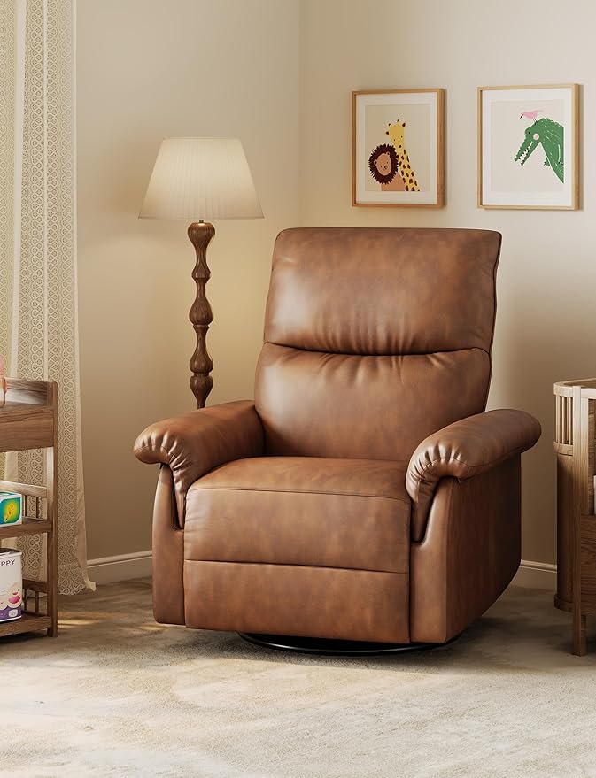 GAOMON Manual Recliner Chair 360° Swivel Rocker Glider Recliner with Padded Armrests Modern PU Leather Upholstered Reclining Chair for Living Room Bedroom and Nursery (Orange)