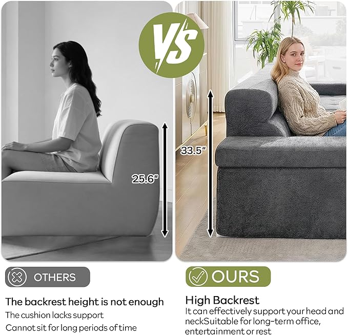 STHOUYN 134 Boneless Couch with Ottoman &amp Higher Backrest Modular Sectional Sofa for Living Room Corner Cloud U Shaped Couch (Grey 134 Inches)