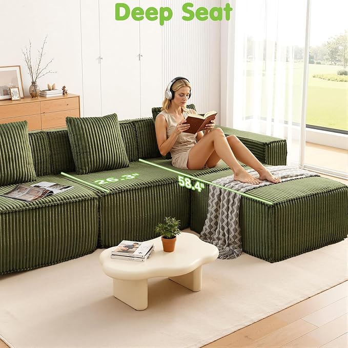 117.6'' Boneless Couch Cloud Couch Sectional L-Shape Modular Sectional Sofa Convertible Corduroy Sleeper Sofa Bed Upholstered Couches for Living Room No Assembly Required