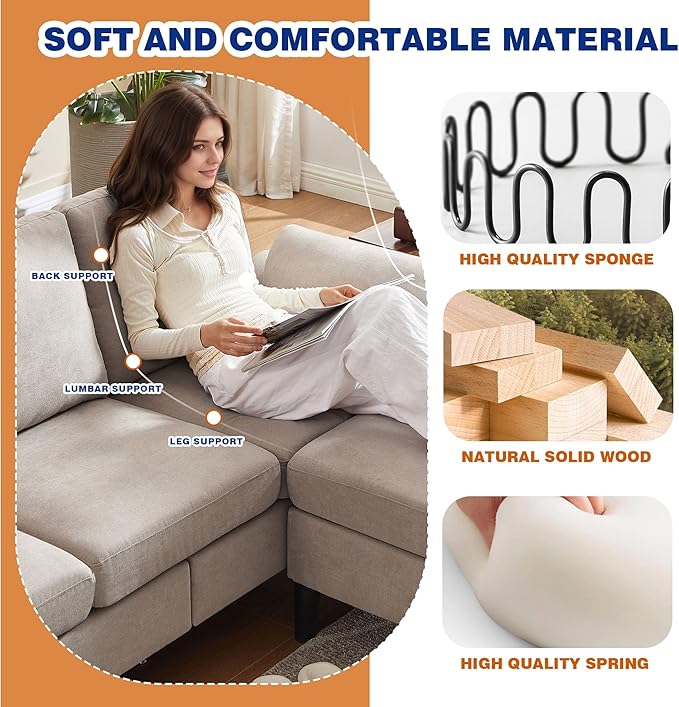 3 Piece Convertible Sectional Sofa Set Modern Linen Small L Shaped Couch with Reversible Ottoman and Accent Chair 3-Seat Sofa Couches for Living Room Office Apartment Beige