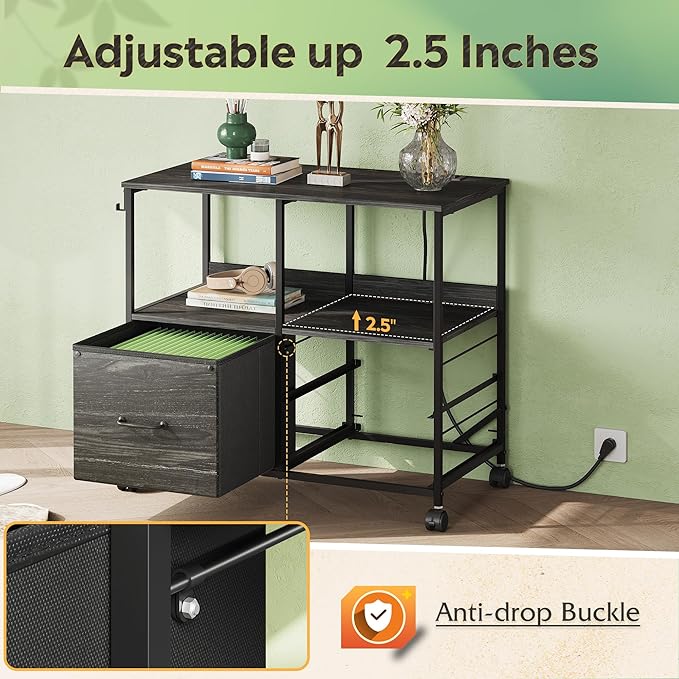 DEVAISE 3 Drawer Mobile File Cabinet Rolling Printer Stand with Storage Shelf Fabric Lateral Filing Cabinet fits A4 or Letter Size Adjustable Shelf for Home Office Charcoal Black Wood Grain Print