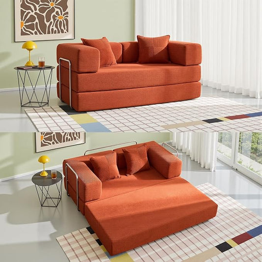 Compression Sofa - 62''Convertible Floor Sofa Bed - with Pillow Back Support Armrest - Comfy Foldable Sofa Bed Compressed Sofa in Box - Corduroy Fabric - for Living Room Bedroom - Orange