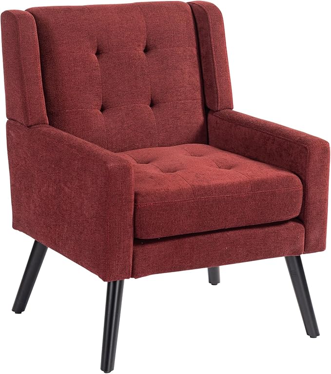 Mid-Century Modern Accent Chair Plush Linen Fabric with Button Tufted High Back &amp 5 Thick Cushion High Comfort Reading Chair for Living Room Bedroom Office (Red)