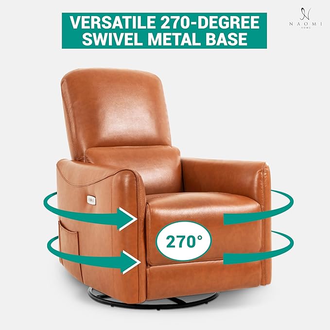 Naomi Home Willa Luxury Swivel Recliner Chair – Faux Leather Reclining Sofa for Living Room &amp Nursery with Lumbar Support Vibration Massage &amp Heating Function Caramel
