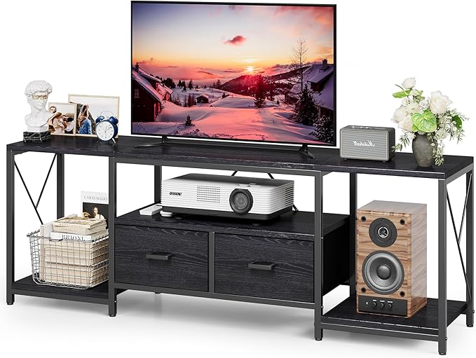 Homeiju TV Stand for TVs up to 75 Inch Entertainment Center with Fabric Drawers TV Media Console Table with Open Storage Shelves for Living Room Bedroom Black