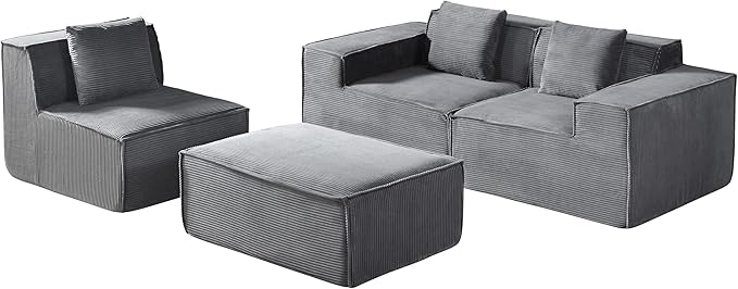 Rowan Convertible Corduroy Sectional Couch with Ottoman &amp Pillows Modular L Shaped Sleeper Sofa Boneless Cloud Couch for Living Room Furniture Dark Grey