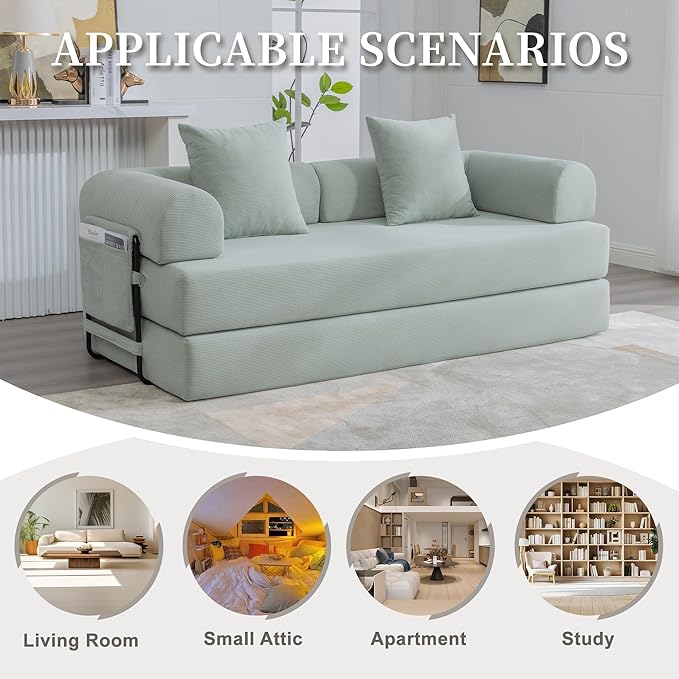 4‑in‑1 Convertible Sleeper Sofa Bed DIY Combination Floor Sofa Lounge Couch with Cylindrical Pillow Corduroy Futon Folding Mattress Couch for Apartment Bedroom Playroom Mint Blue