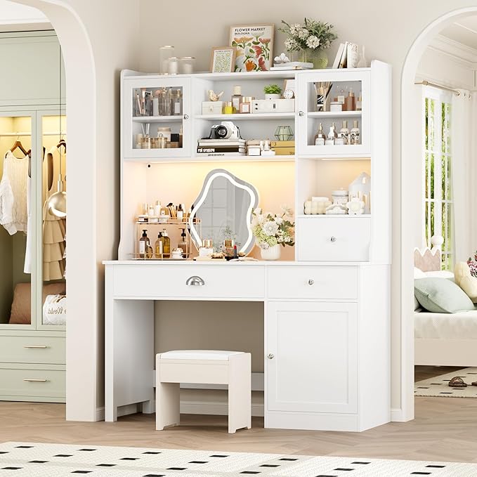 FACBOTALL Computer Desk with Hutch and RGB Lights 65 Office Desk with Power Outlet Makeup Vanity with 3 Doors &amp 3 Drawers White Executive Desks for Home Work and Study