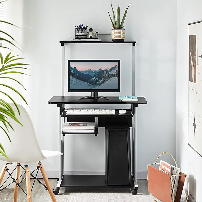Yaheetech 2 Tier Mobile Computer Desk with Printer Shelf &amp Keyboard Tray Rolling Computer Table for Small Spaces Compact Study Workstation with Wheels Space Saving Black