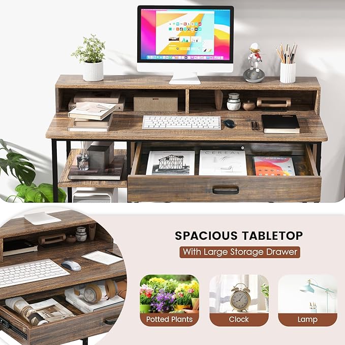 Tangkula Computer Desk with Storage Drawer &amp Monitor Stand 48” Home Office Writing Desk with 2 Open Shelves &amp Compartments Computer Workstation Writing Study Desk with Metal Frame (Rustic Br