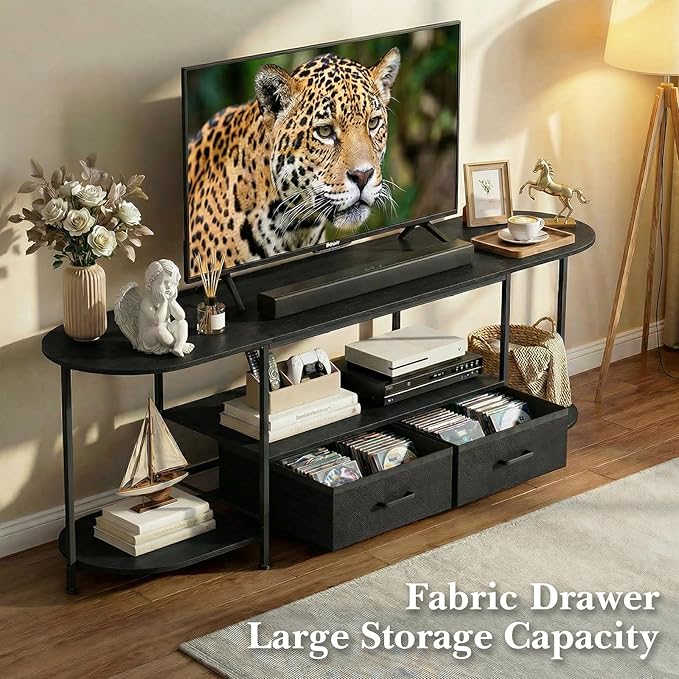 63 TV Stand for TVs up to 75 Inches Curved Edge Media Console &amp Entertainment Center with 2 Fabric Drawers Modern TV Console Table for Living Room or Bedroom Black