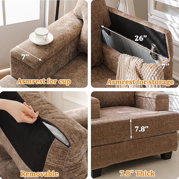 Oversized Accent Chairs Set of 2Large Armchair with Armrest OrganizerDeep SeatBig Reading ChairComfy Living Room ChairsSofa Chair for BedroomChenilleBrown