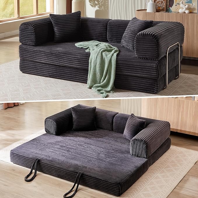 4-in-1 Convertible Folding Sleeper Sofa Bed Plush Corduroy Foldable Mattress Couch with Fixed-Shape Frame Floor Compressed Sofa for Living Room Bedroom (Dark Grey)