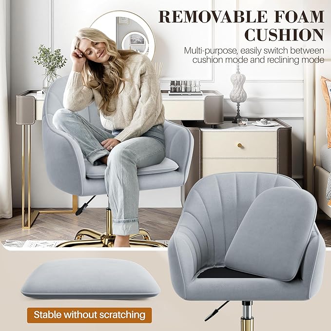 Vanity Chair with Wheels Comfy Home Office Desk Chairs Adjustable Modern Velvet Makeup Vanity Chairs for Bedroom Living Room-Gray