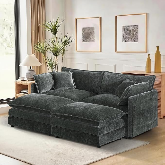 76.7” Modular Sectional Sofa U-Shaped Convertible Couches 2 Seater Chenille Deep Seat Cloud Couch with Pillows and 2 Ottomans for Living Room Apartment Office(Dark Grey)