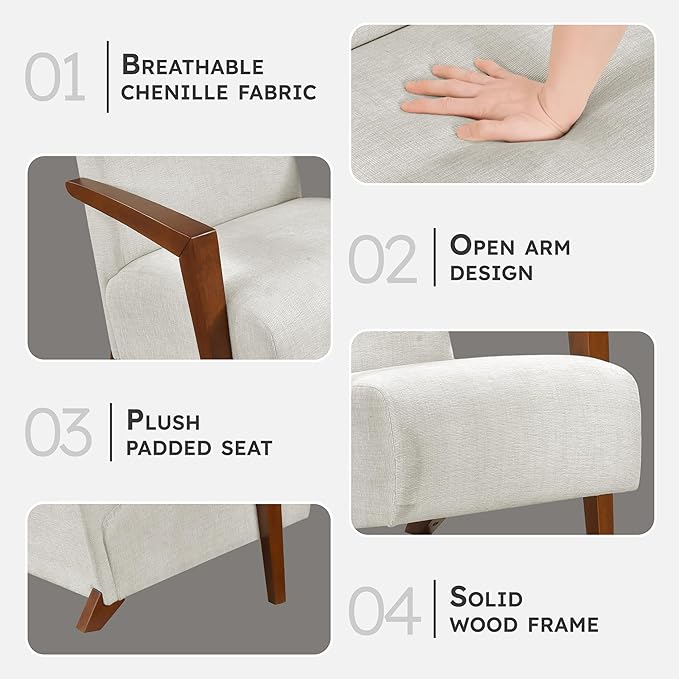 Lexicon Modern Accent Chair with Solid Wood Frame in Chestnut Finish Chenille Fabric Upholstered Living Room Lounge Arm Chair Thick and Comfy Innerspring Seat Cushion Beige