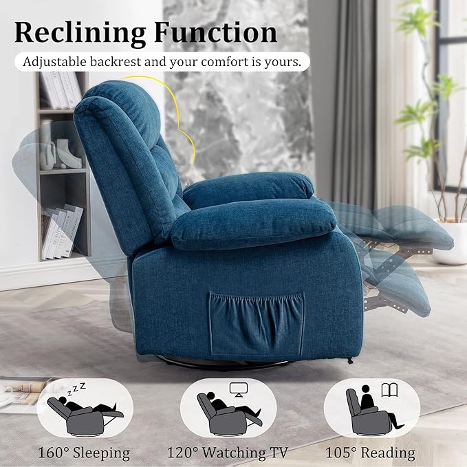 Recliner Chair Wide Rocker Chair Rocking Chair with Massage and Heat360°Swivel Nursery Rocking Chairs Oversized Recliner for Adults Cashmere Reclining Sofa for Living Room Blue