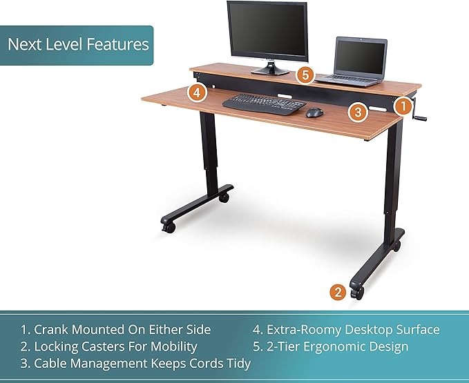 Stand Up Desk Store Crank Adjustable Two Tier Standing Desk with Heavy Duty Steel Frame (Black Frame/Teak Top 48 Wide)