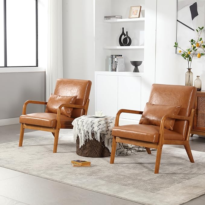 Modern Accent Chair Solid Wood Padding Lounge Armchairs with One Pillow for Living Room Bedroom Guest Room (Light Brown PU)
