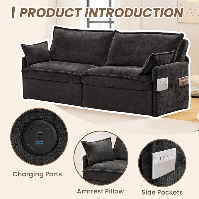King Size Pull Out Couch3-in-1 Corduroy Sleeper Sofa with Pull Out Sofa BedUSB &amp Side StorageConvertible Loveseat Sleeper Couch for Living Room Bedroom pet-Friendly(Black 73.6'')