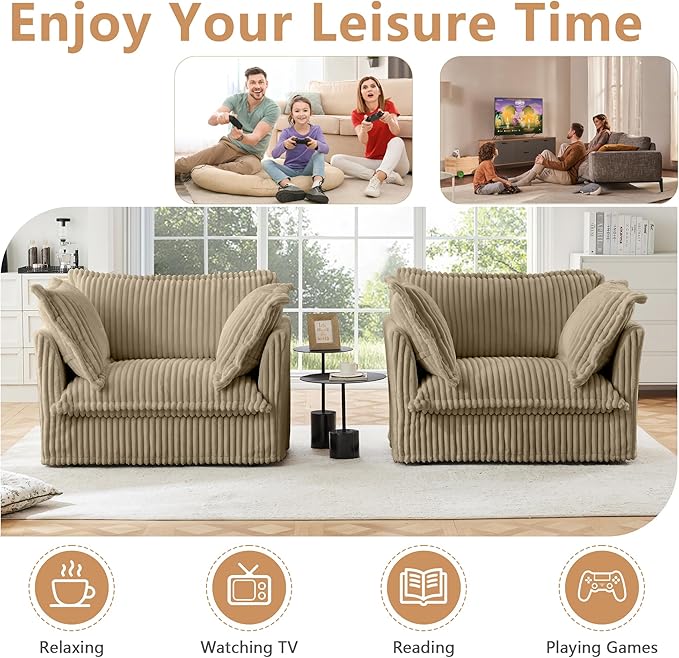 Modern Single Sofa Chair Set of 2 49 Slipcovered Armchairs Oversized Upholstered Accent Chairs Comfy Cloud Deep Seat Sofa with 2 Throw Pillows for Living Room Apartment Corduroy Camel