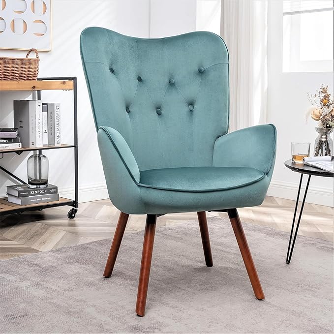 Chic Accent Arm Chairs for Living Room Bedroom or Home Office Button-Tufted Midcentury Armchair with Wingback Design and Splayed Legs Teal