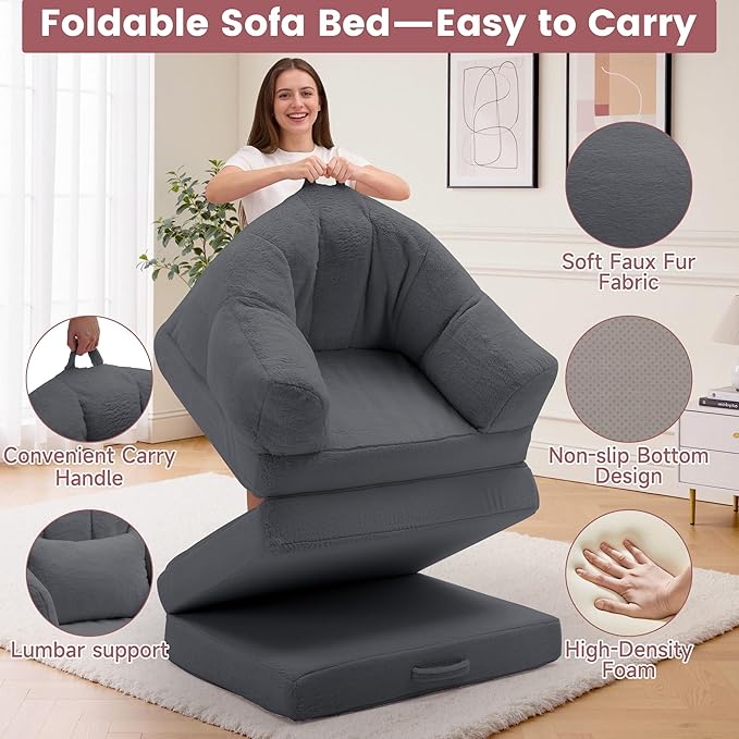 Folding Sofa Bed Convertible Sleeper Chair with Armrest Floor Futon Couch with Pillow Sleeper Single Chair for Adults Couches for Living Room Small Couches for Small SpacesGrey